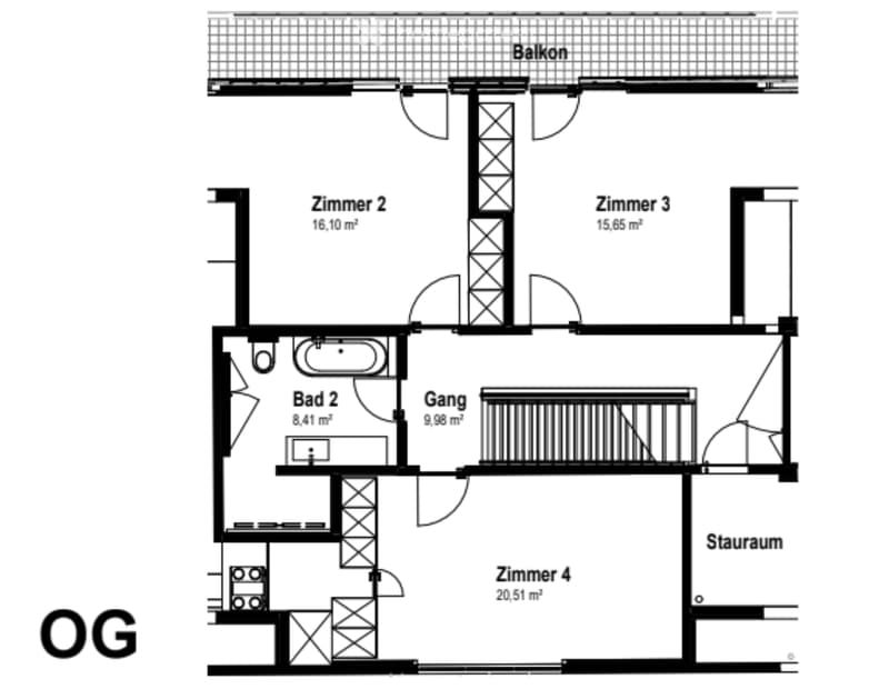 Floor plan of a residential unit with four bedrooms, two bathrooms, a hallway, a staircase, and a balcony.