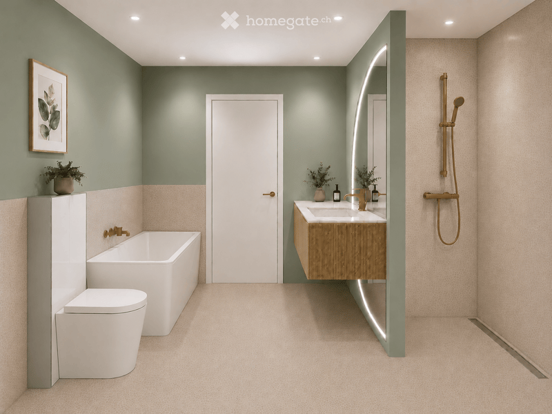 Modern bathroom with a bathtub, toilet, sink, and shower. Features a large mirror, framed picture, and decorative plants on the vanity.
