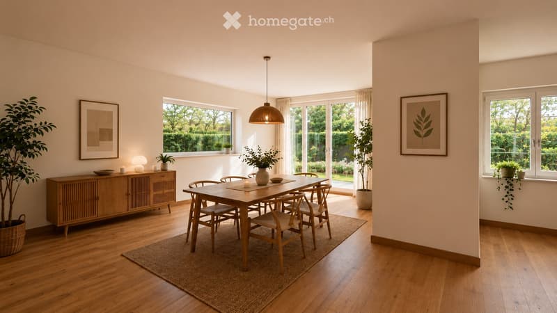 Bright dining room with wooden floor, large windows, dining table with chairs, cabinet, potted plants, and artwork.