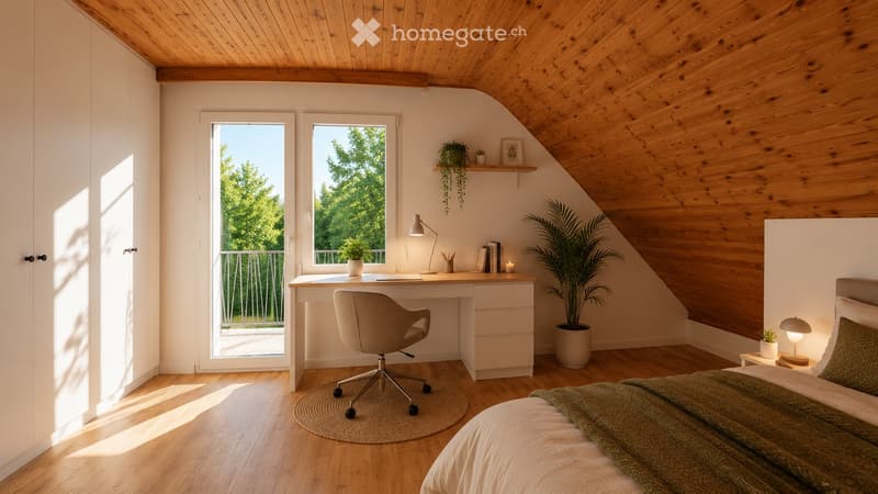 Cozy attic bedroom with wooden slanted ceilings, large windows, a balcony, a bed, a desk, and a chair.