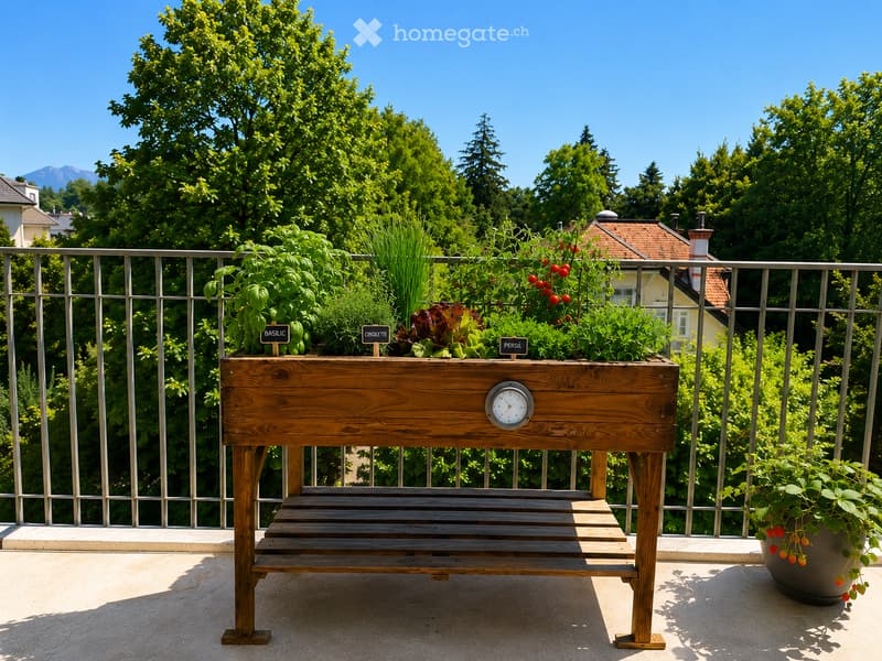 Balcony with wooden bench, planter box with herbs, potted plant, and metal railing overlooking a green landscape with trees and distant mountains.