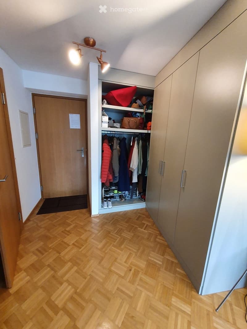 Hallway with wooden herringbone flooring, built-in closet with hanging clothes, shoes, and storage boxes, and a wooden door leading to another room.