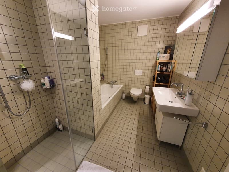Modern bathroom with tiled walls and floor, featuring a bathtub, toilet, sink, mirror, and a glass-enclosed shower. Shelves hold toiletries and a small cabinet is beneath the sink.