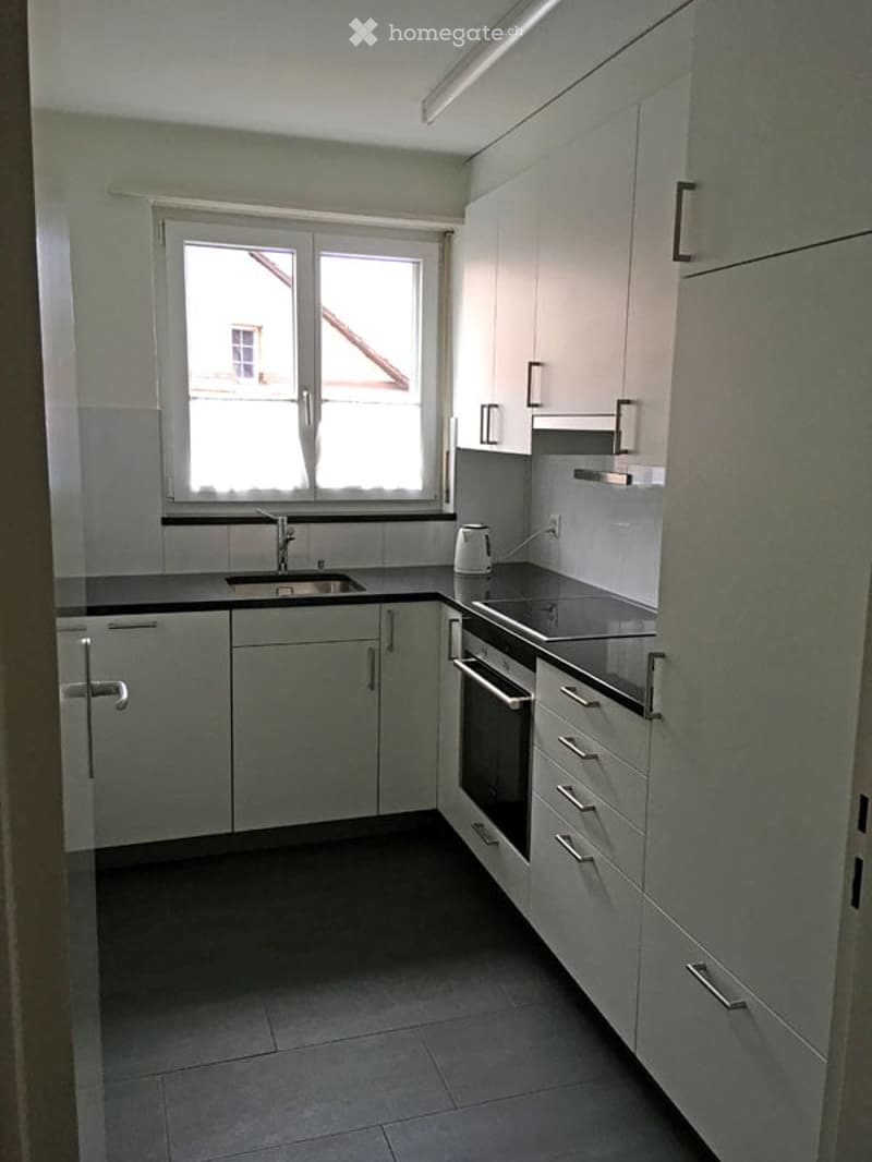 Modern kitchen with white cabinets, black countertops, and stainless steel appliances. Features a window above the sink, an electric kettle on the counter, and a built-in oven.