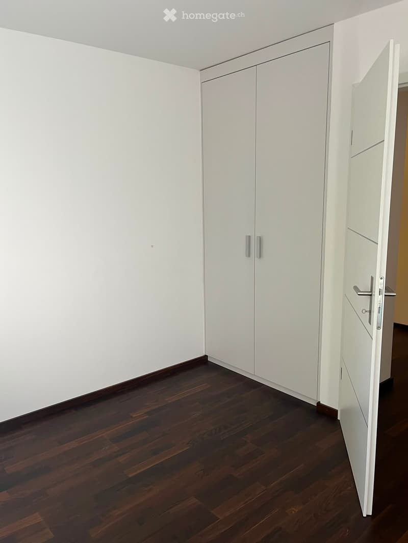 Empty room with white walls, dark wooden flooring, and white built-in wardrobes.