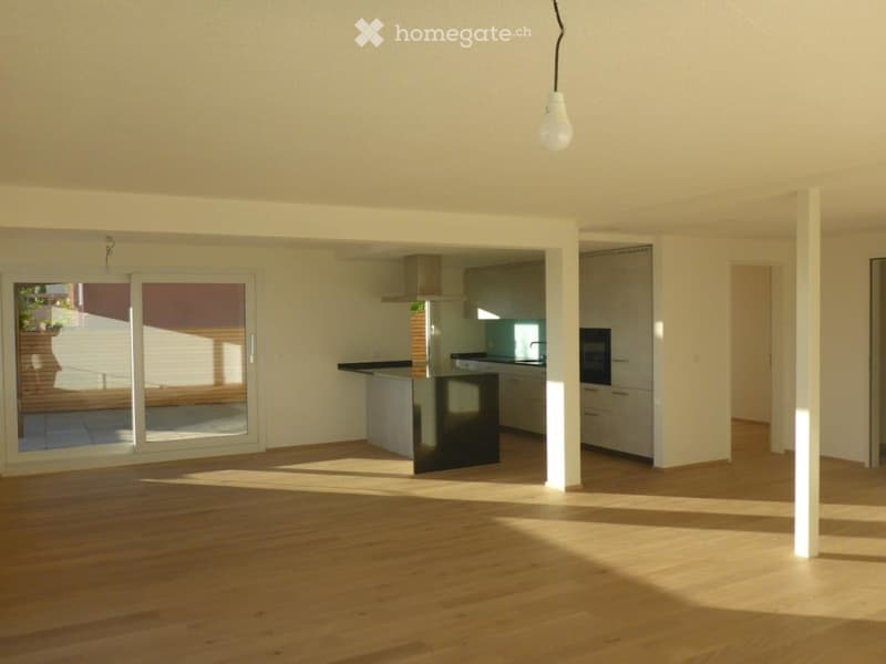 Open-plan living and dining area with wooden flooring, large sliding glass doors leading to a patio, and a modern kitchen area with cabinets and appliances.