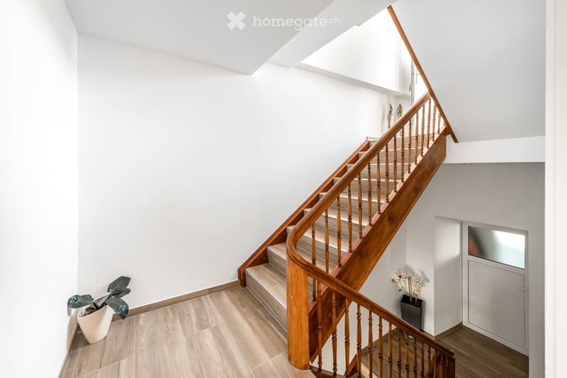 Spacious hallway with a wooden staircase, white walls, and a skylight above. Features a potted plant on the left and a small vase with flowers on the right.