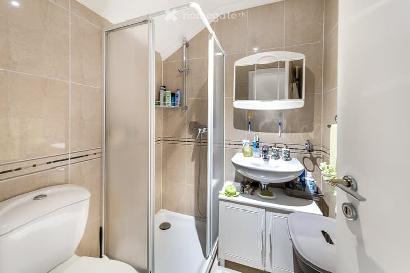 Modern bathroom with beige tiled walls, a white toilet, a sink with a mirror above it, and a glass-enclosed shower with a handheld showerhead.