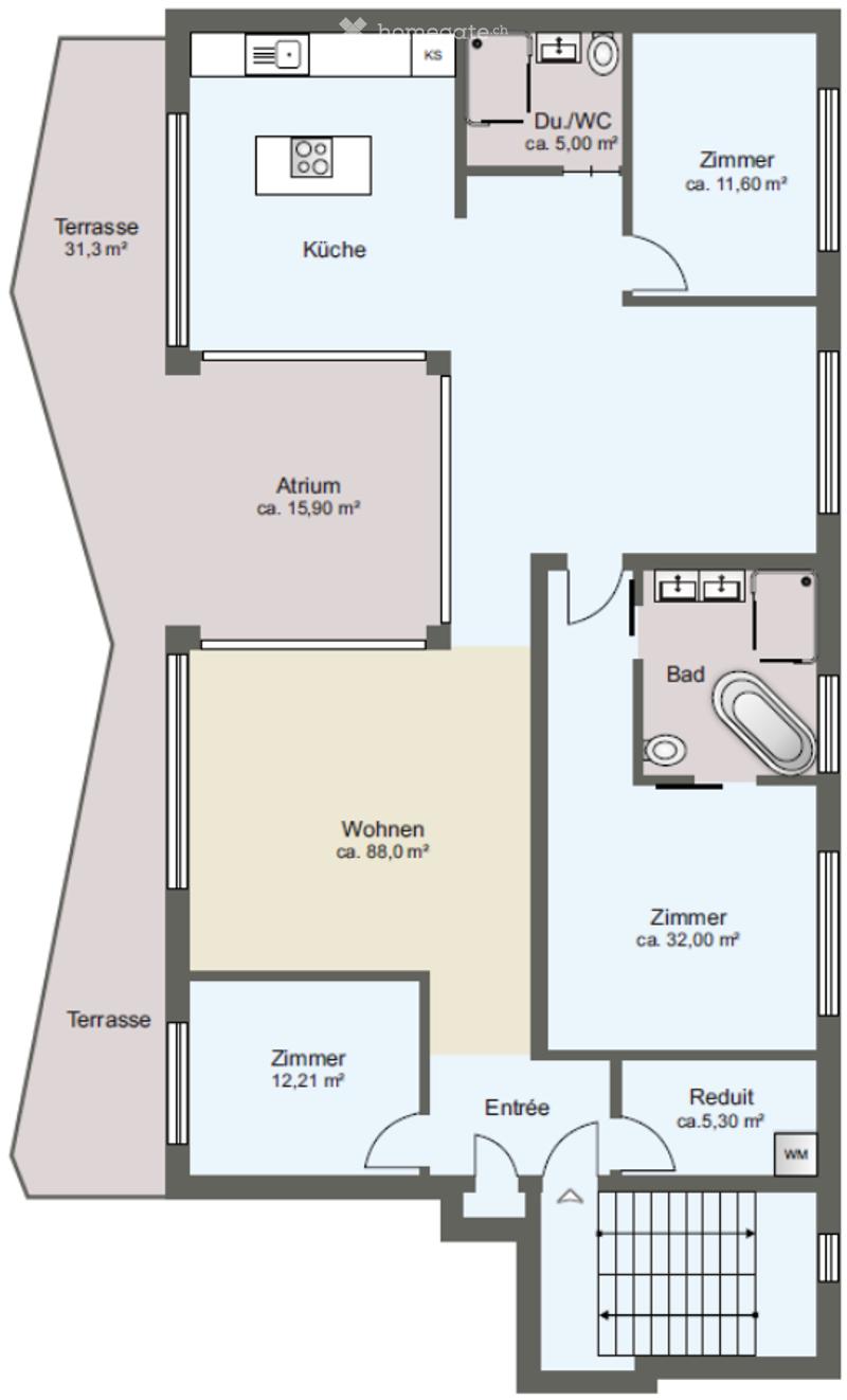 Floor plan of a 2-room apartment with kitchen, living room, bedroom, bathroom, and two terraces.