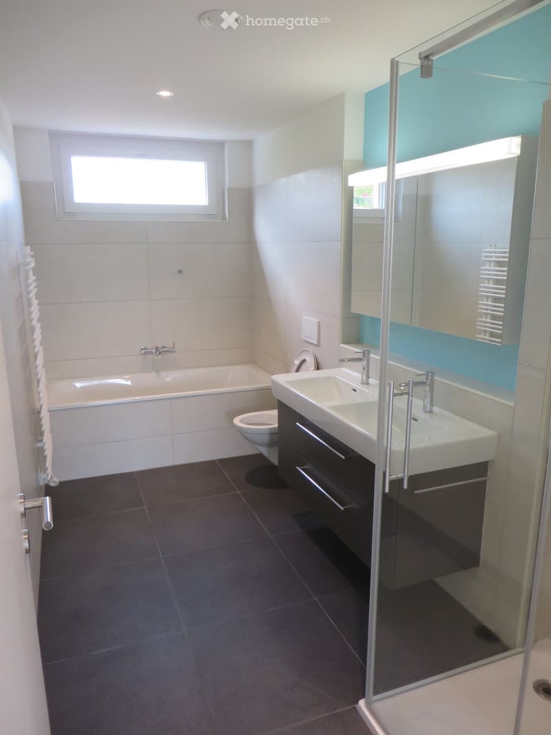 Modern bathroom with a bathtub, toilet, double sink, large mirror, and towel rack. The space features dark tiled flooring and light-colored walls.