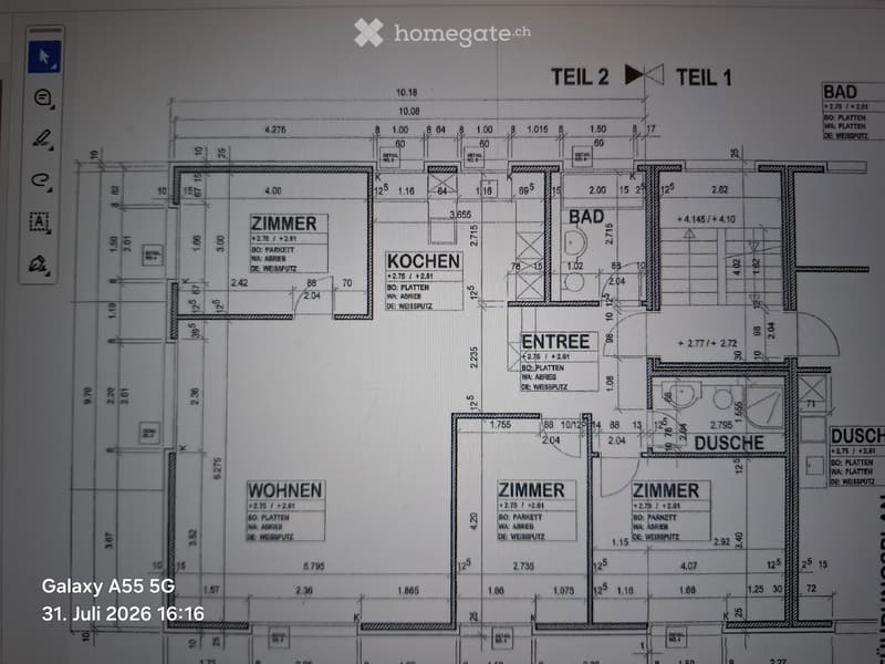 Floor plan showing a multi-room layout including a kitchen, living room, bedroom, bathroom, hallway, and additional rooms. Dimensions and labels are provided for each space.