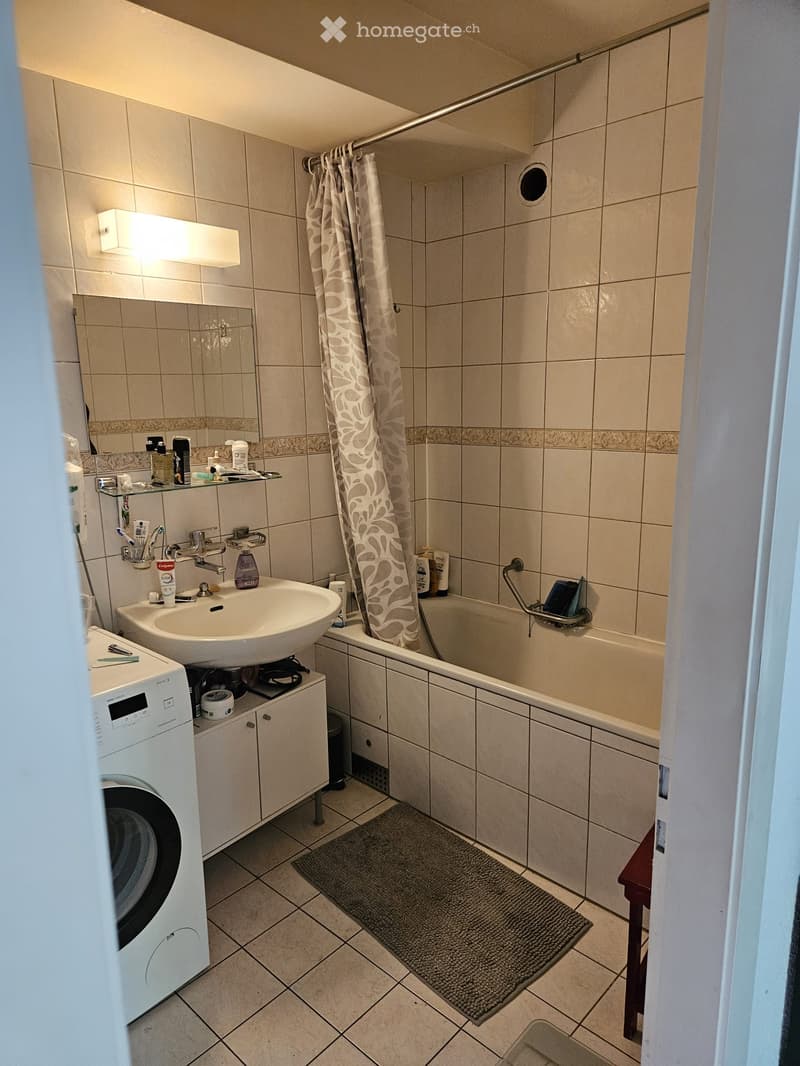 Bathroom with a sink, bathtub, mirror, washing machine, and various toiletries. The space features tiled walls and a grey bath mat on the floor.