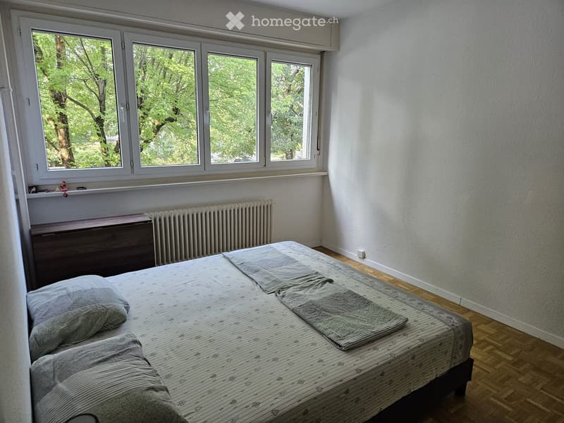 Bedroom with a single bed, pillows, a blanket, a radiator, and a nightstand near the window.