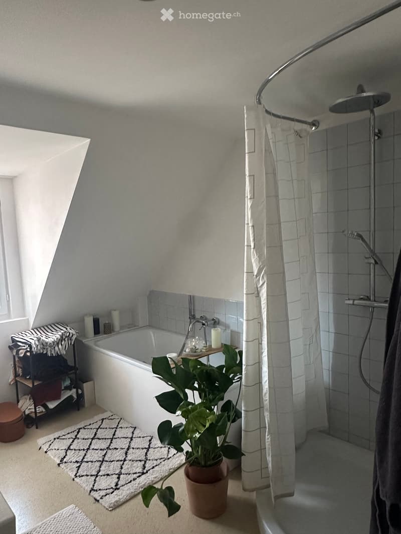 Modern bathroom with a bathtub, shower area, and a potted plant near the tub. Features a white shower curtain, a small shelf with candles, and a patterned rug on the floor.