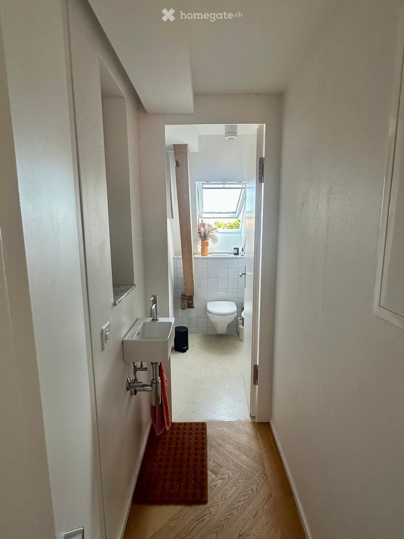 A narrow hallway with wooden flooring leads to a small bathroom. The hallway features a sink with a faucet, a towel, and a small rug. The bathroom visible at the end has a toilet, a window, and a small shelf with a plant.
