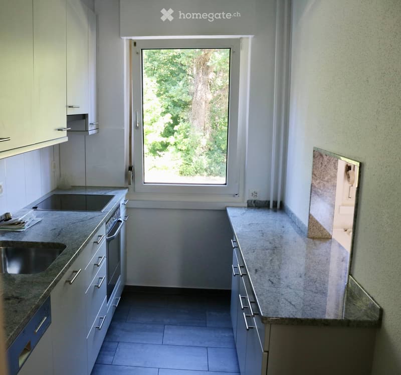 Modern kitchen with white cabinets, granite countertops, stainless steel sink, and built-in oven. Large window provides natural light.