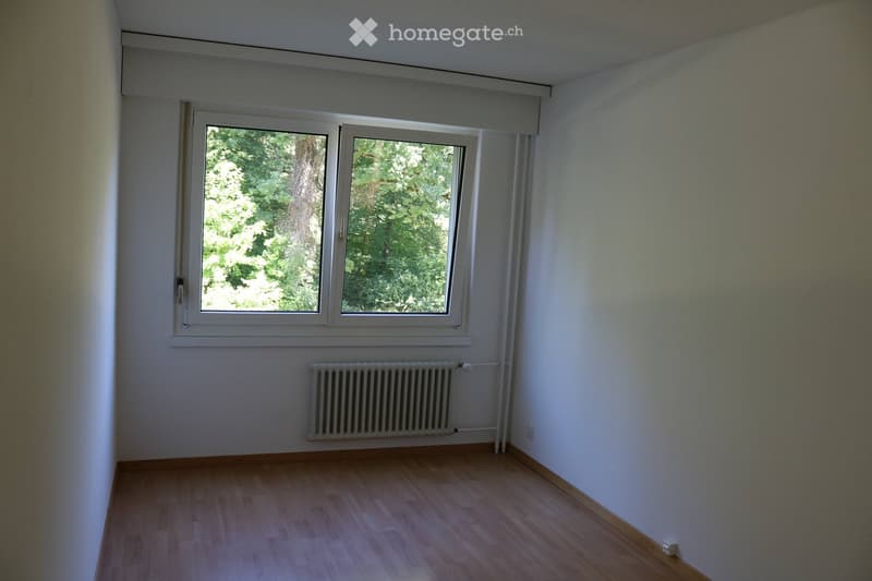 Empty room with wooden flooring, white walls, large window with white frame, radiator, and visible electrical outlet.