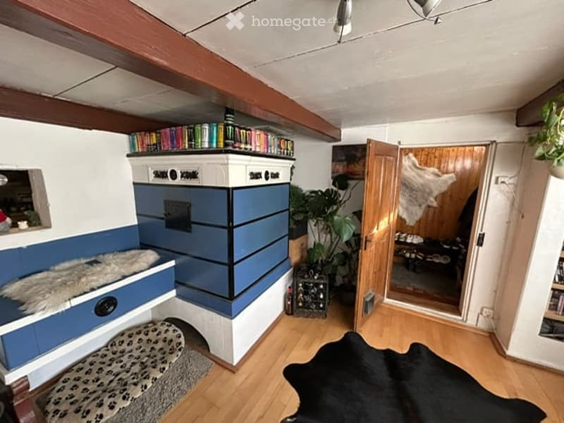 Cozy, compact living space with wooden flooring, built-in blue cabinetry, a small sofa, bookshelf, and a plant near the doorway.