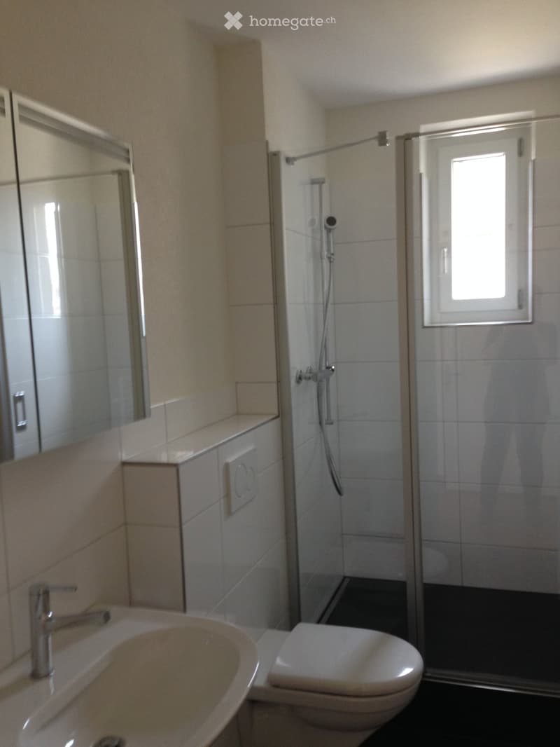 Modern bathroom with a sink, mirror, toilet, and a glass-enclosed shower with a window. Light-colored tiles and a sleek design.