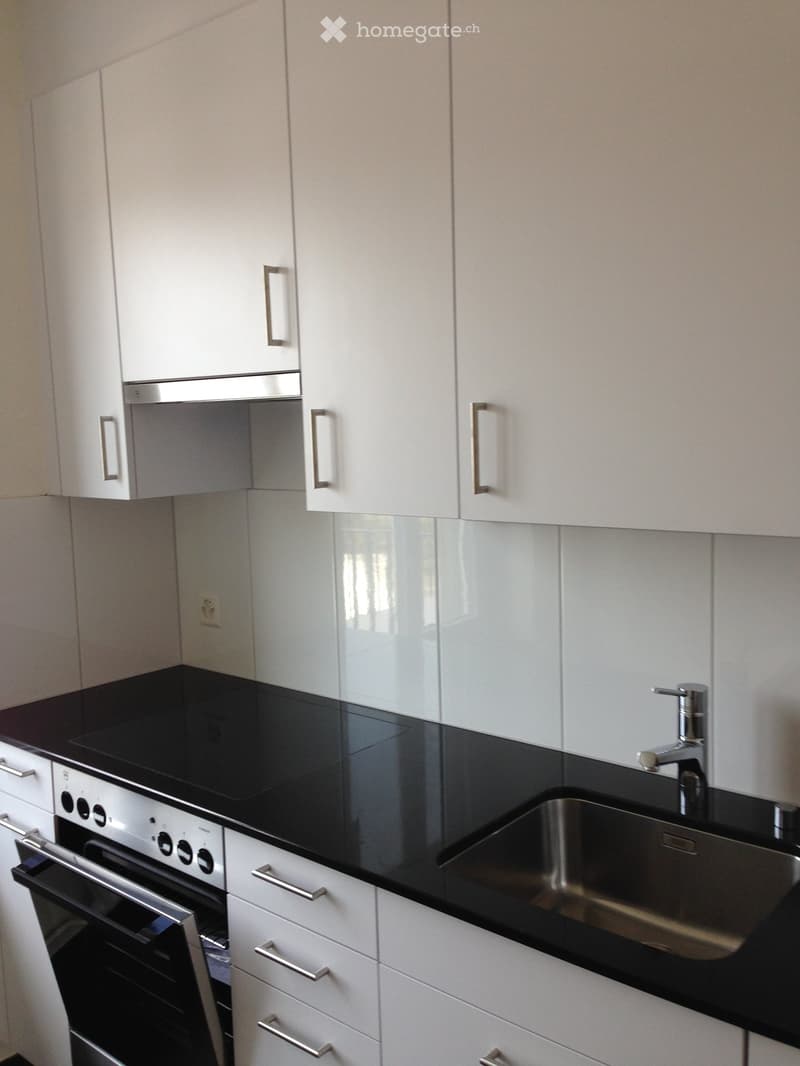 Modern kitchen with white cabinets, black countertops, stainless steel sink, and built-in oven.