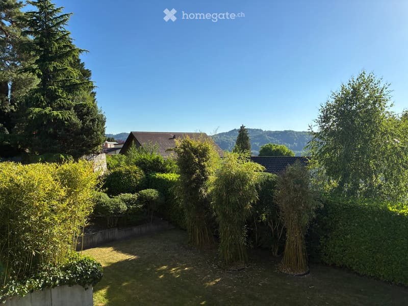 A well-maintained garden with a variety of trees and shrubs, a clear pathway, and a view of a house with a tiled roof in the background.
