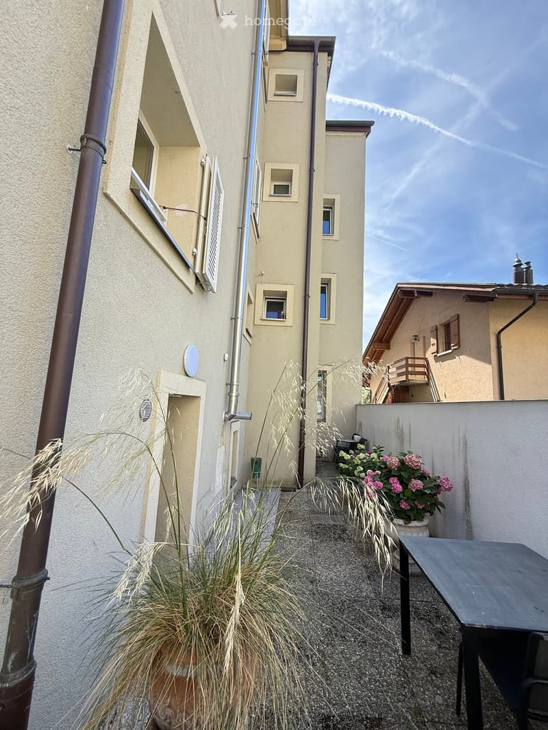 Narrow outdoor area with a table, chairs, and potted plants, adjacent to a building with multiple windows and a small balcony.