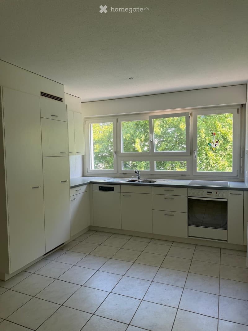 Modern kitchen with light green cabinets, tiled floor, and large windows overlooking greenery. Features a sink, dishwasher, and oven.