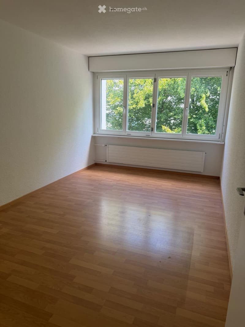 Empty room with wooden flooring, white walls, large windows with white frames, and a radiator below the windows.