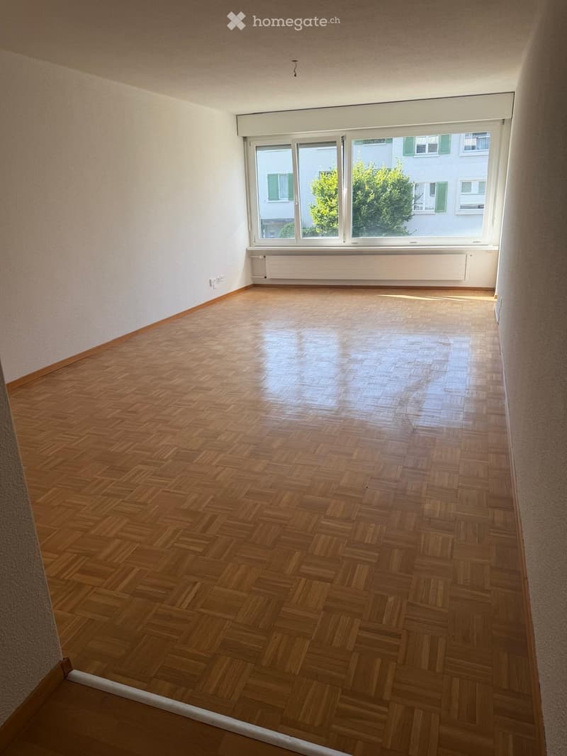 Empty room with wooden herringbone flooring, white walls, large window with white frame, radiator below window, and visible electrical outlet on wall.