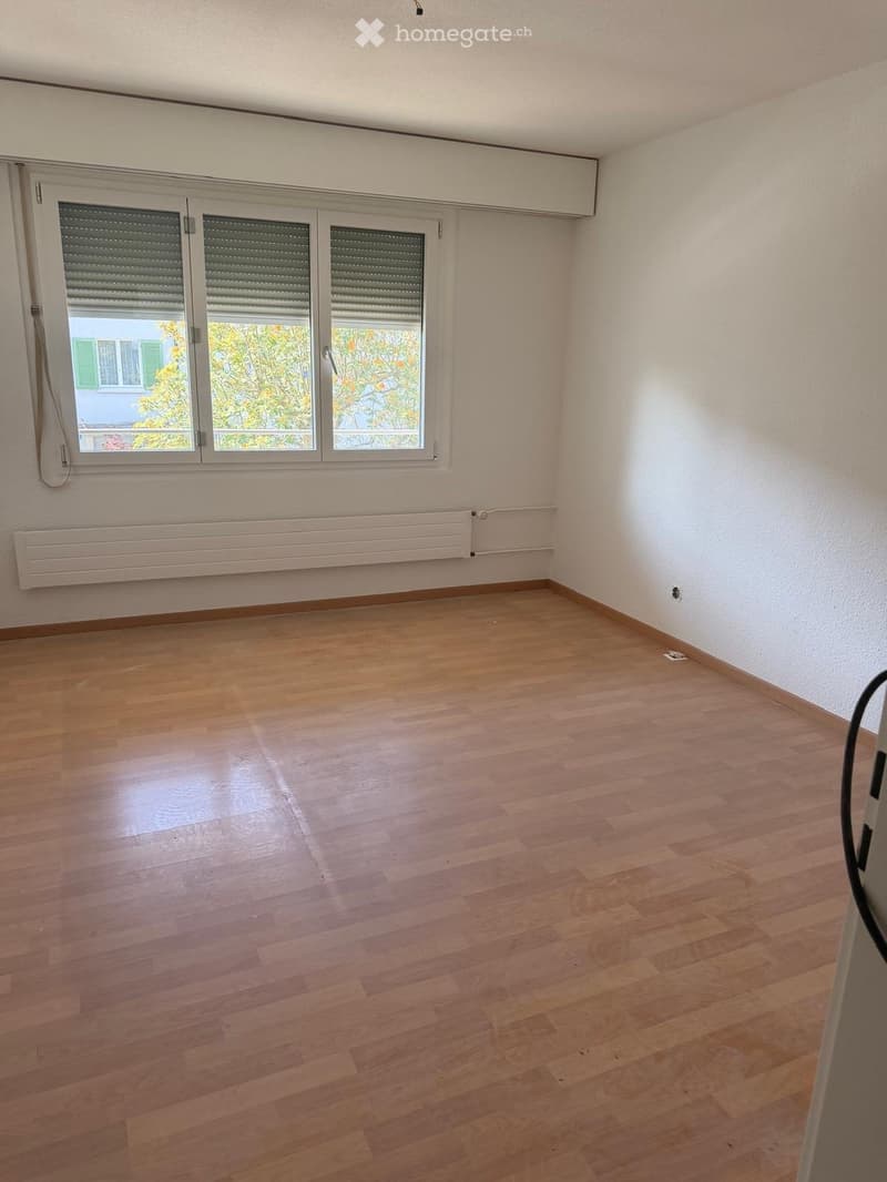 Empty room with wooden flooring, white walls, and large windows with blinds. Radiator visible on one wall.