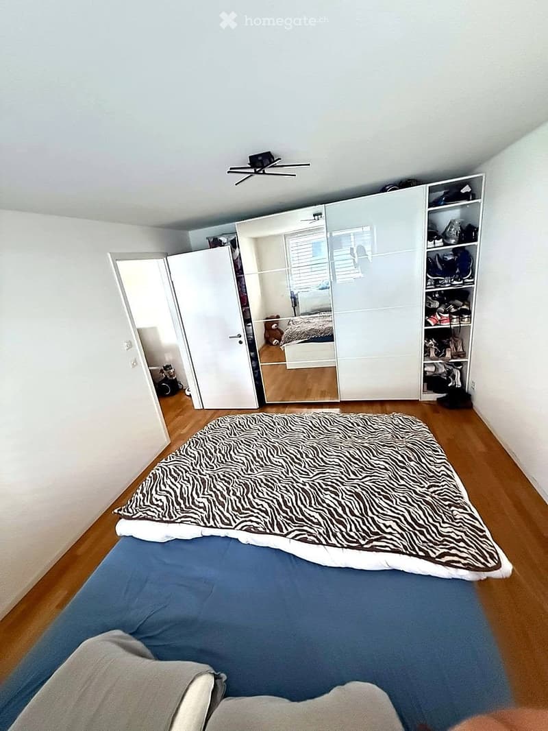 Spacious bedroom with wooden flooring, large bed with blue sheets and zebra-patterned blanket, white wardrobe with mirrored doors, and a shelf filled with shoes and other items.