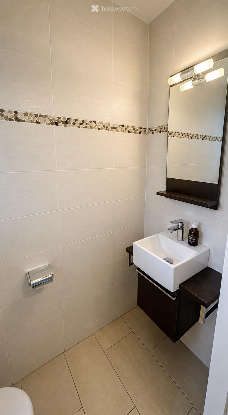 Modern bathroom with white tiles, a white sink on a dark wooden cabinet, a mirror with built-in lighting, and a toilet paper holder.