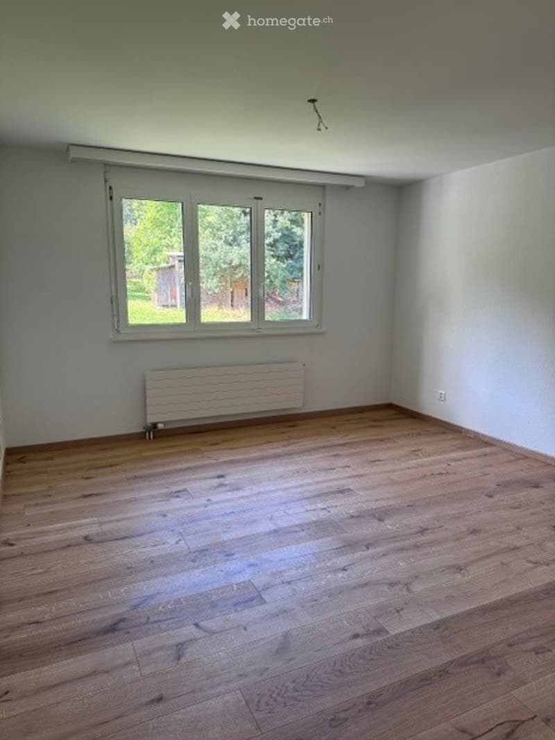 Empty room with wooden flooring, white walls, large window with white frame, radiator below window, and visible light fixture on ceiling.