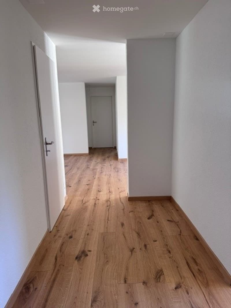 Empty hallway with light wooden flooring and white walls, featuring closed doors at both ends.