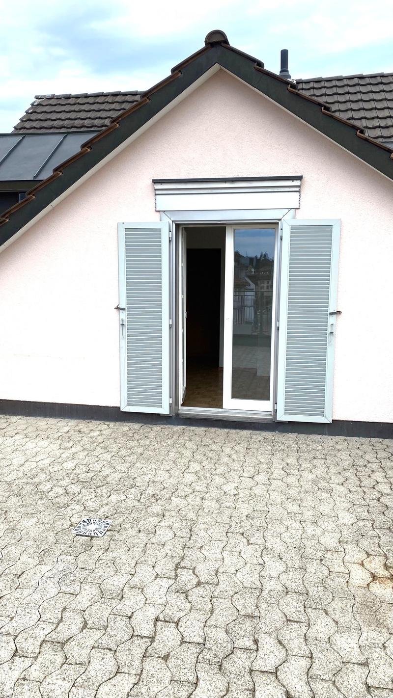 Roof terrace with a door leading to the interior, grey shutters, and a textured concrete floor.
