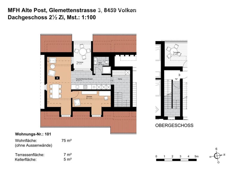 Floor plan of a 75 m² apartment on the roof level, featuring a kitchen/dining area, bedroom, bathroom, and terrace.