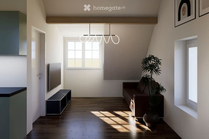 Modern living room with wooden flooring, large windows, a brown sofa, a potted plant, and a sleek shelf unit.