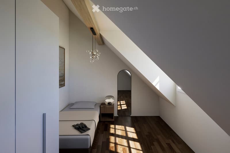 Modern attic bedroom with slanted wooden ceiling, white walls, wooden floor, bed, nightstand, mirror, and pendant light fixture.