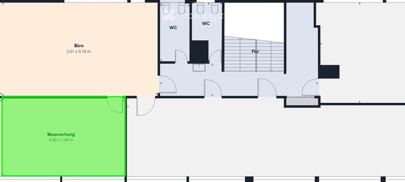 Floor plan showing a bureau (office) area, a meeting room, and two WC (restroom) spaces, with a staircase leading to another floor.