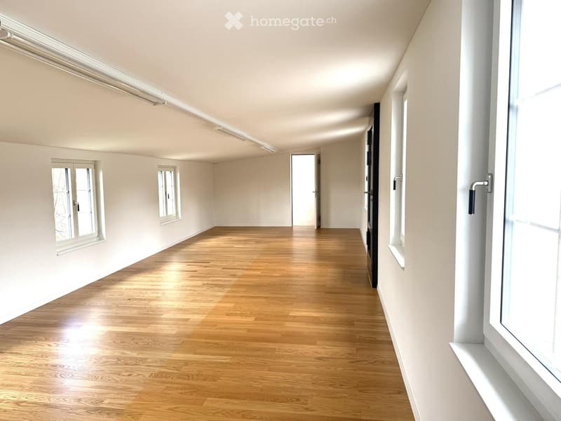 Empty room with wooden floors, white walls, three windows, and ceiling lights