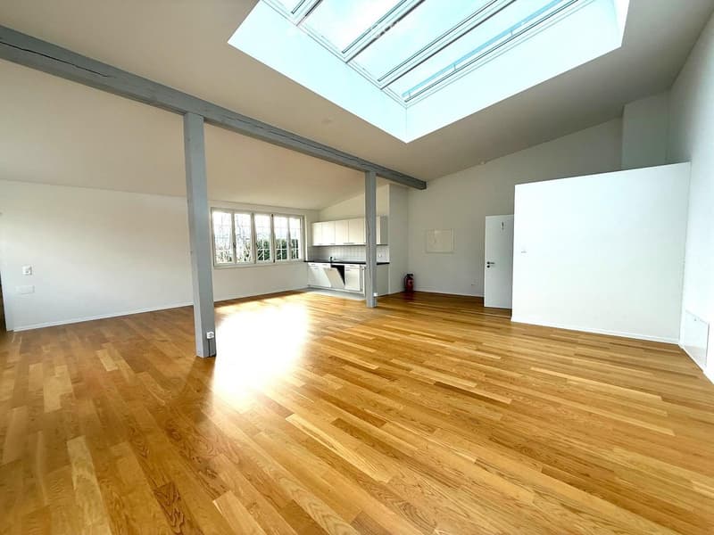 large open space, wooden floor, white walls, skylight, kitchen area, fire extinguisher