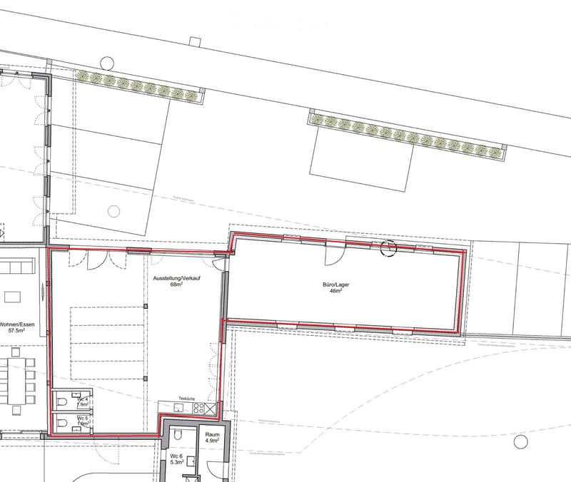 Living area of 68m2, Office of 46m2, 4WC, storage space of 4.9m2, parking space