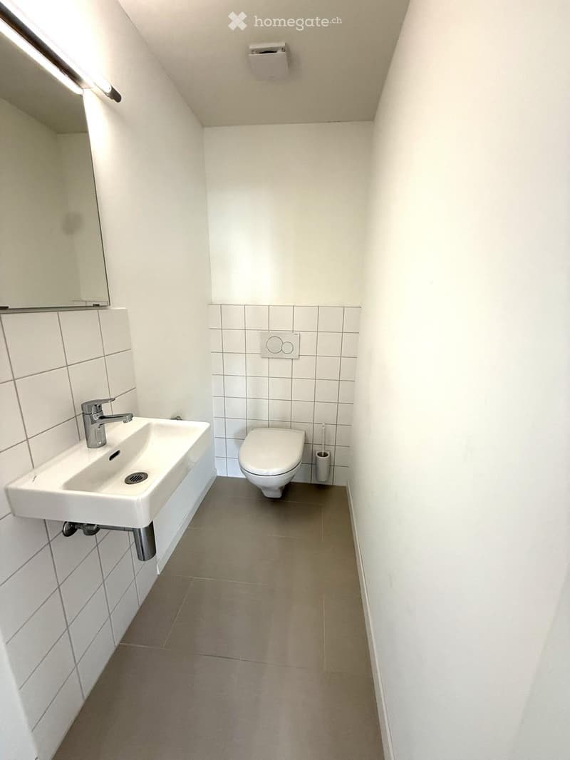 small bathroom with white sink, white toilet, white tiles, mirror, and a toilet paper holder