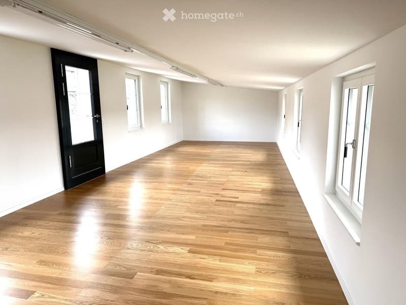 empty room, wooden floor, white walls, windows, ceiling lights