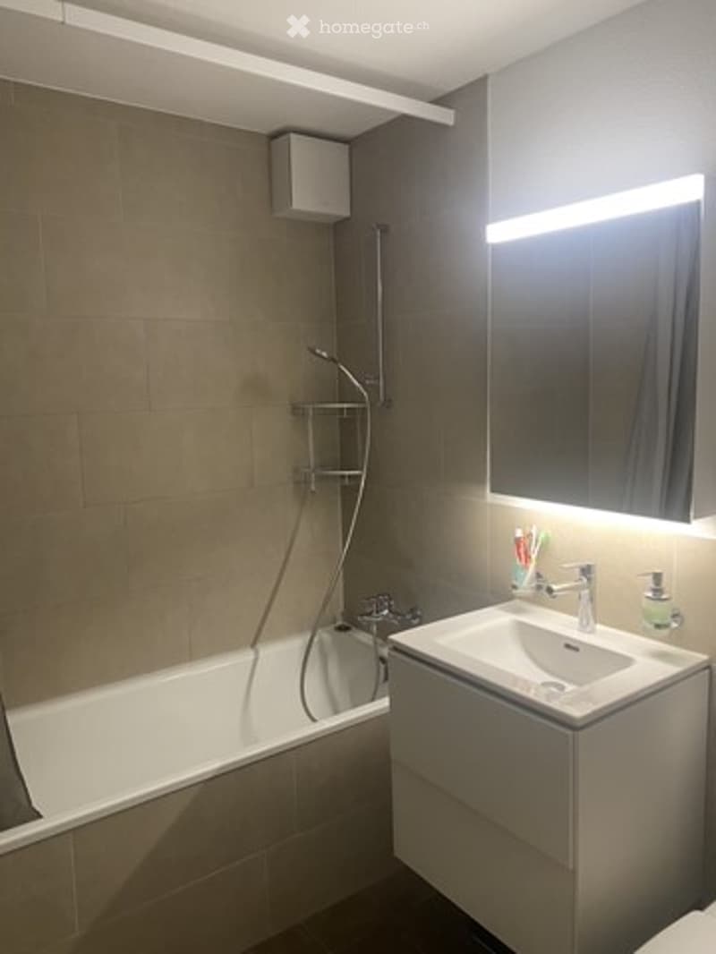 Modern bathroom with a white bathtub, a white sink with a chrome faucet, a large mirror with built-in lighting, and a toothbrush holder on the sink counter.