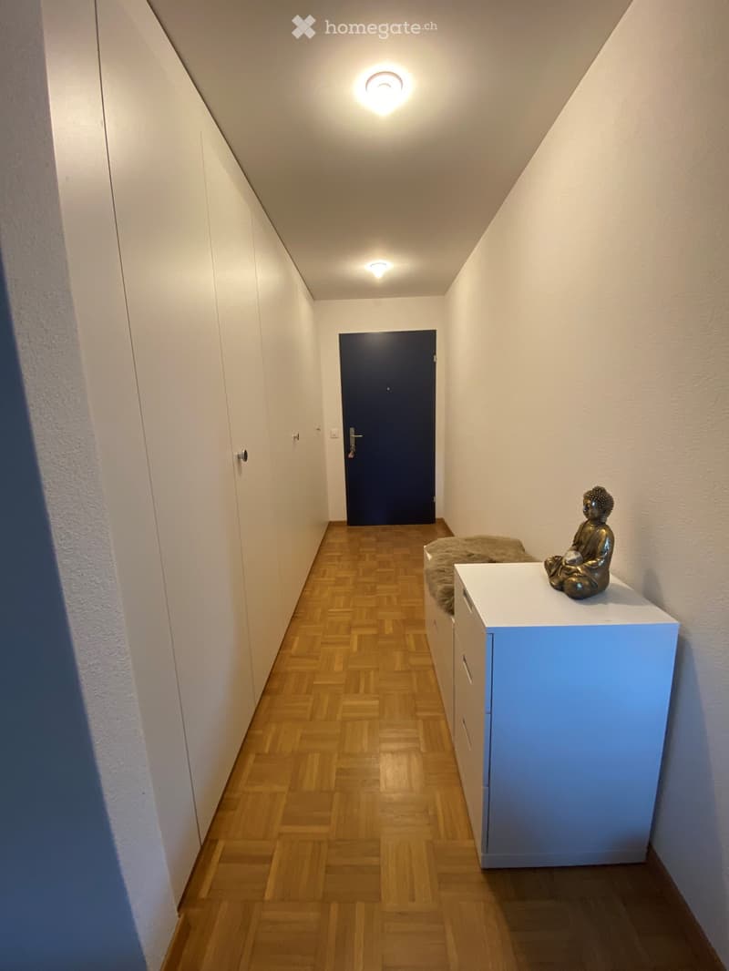 Narrow hallway with wooden flooring, white walls, built-in cabinets, and a small table with a decorative statue.