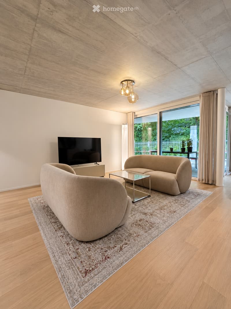 Modern living room with light wooden flooring, a large sectional sofa, a glass coffee table, a flat-screen TV, and a patterned rug.