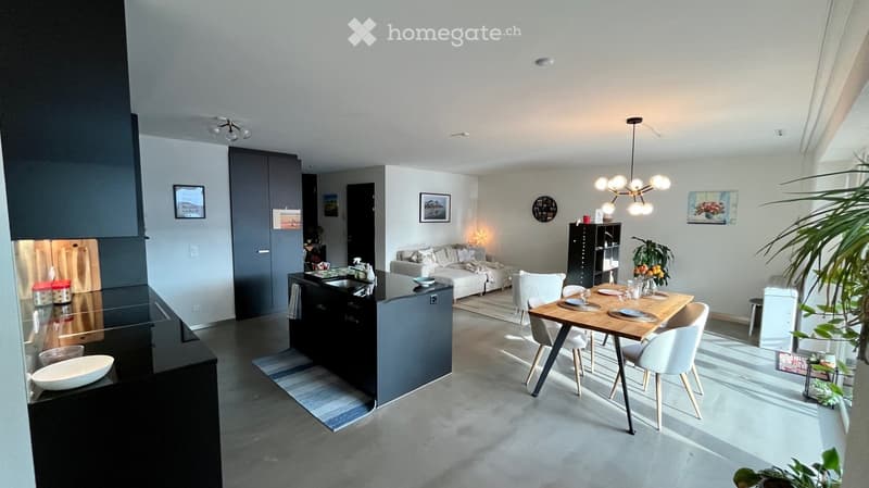 Modern open-plan living and dining area with a grey sofa, coffee table, dining table with chairs, and a sleek black kitchen island with a sink and faucet. The space features contemporary decor, including artwork, a chandelier, and potted plants.