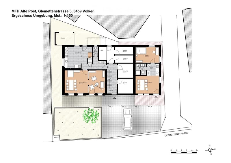 Floor plan of a multi-family house showing living spaces, kitchen, bedrooms, bathrooms, and parking spaces.