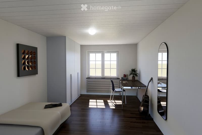 Modern, well-lit room with a sofa, desk, chair, guitar, mirror, radiator, and a small plant. The room features wooden flooring and large windows allowing natural light to fill the space.